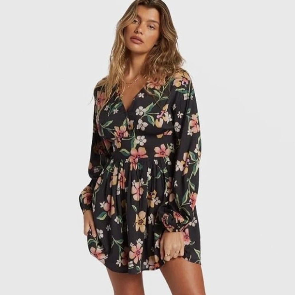 Billabong Night Bloom Mini Dress L Black Floral V-Neck Botanical Boho Cottage